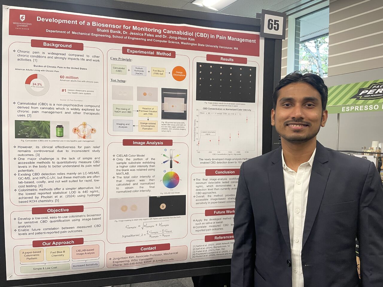 Shakti Banik presenting CBD biosensor research poster at the 23rd Annual WSU Vancouver Research Showcase
